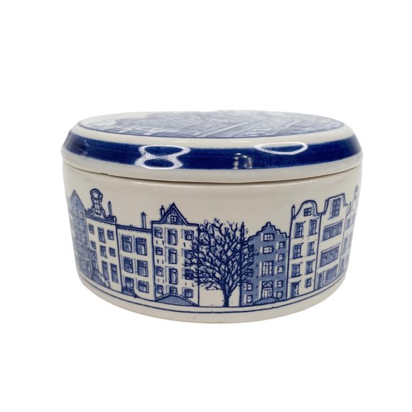 *SOLD* Delft Blauw Blue Trinket Dish Box Jar w Lid Hand Painted Holland Houses - Picture 2 of 12